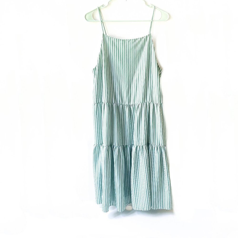 & other stories tiered lightweight dress w/green & white stripe pattern